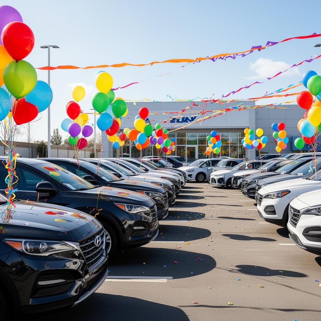 Festive car dealership lot with vehicles decorated with balloons